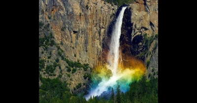 Rare rainbow waterfall captured at Yosemite National Park,